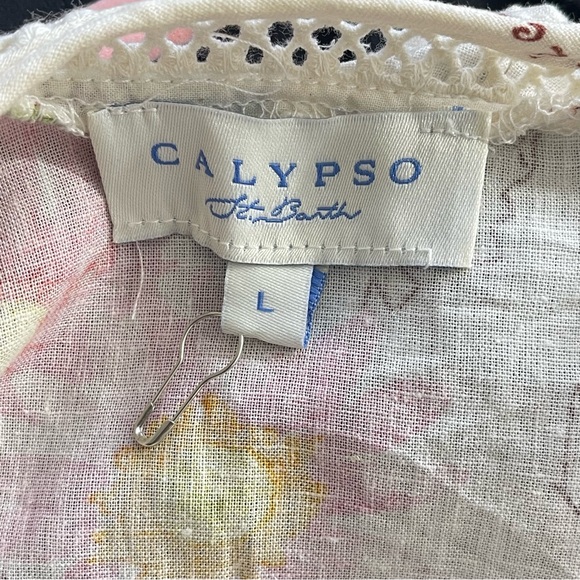 Calypso St. Barth Floral Wrap Ruffle Linen Blend Natural Shirt Size Large - Picture 9 of 11